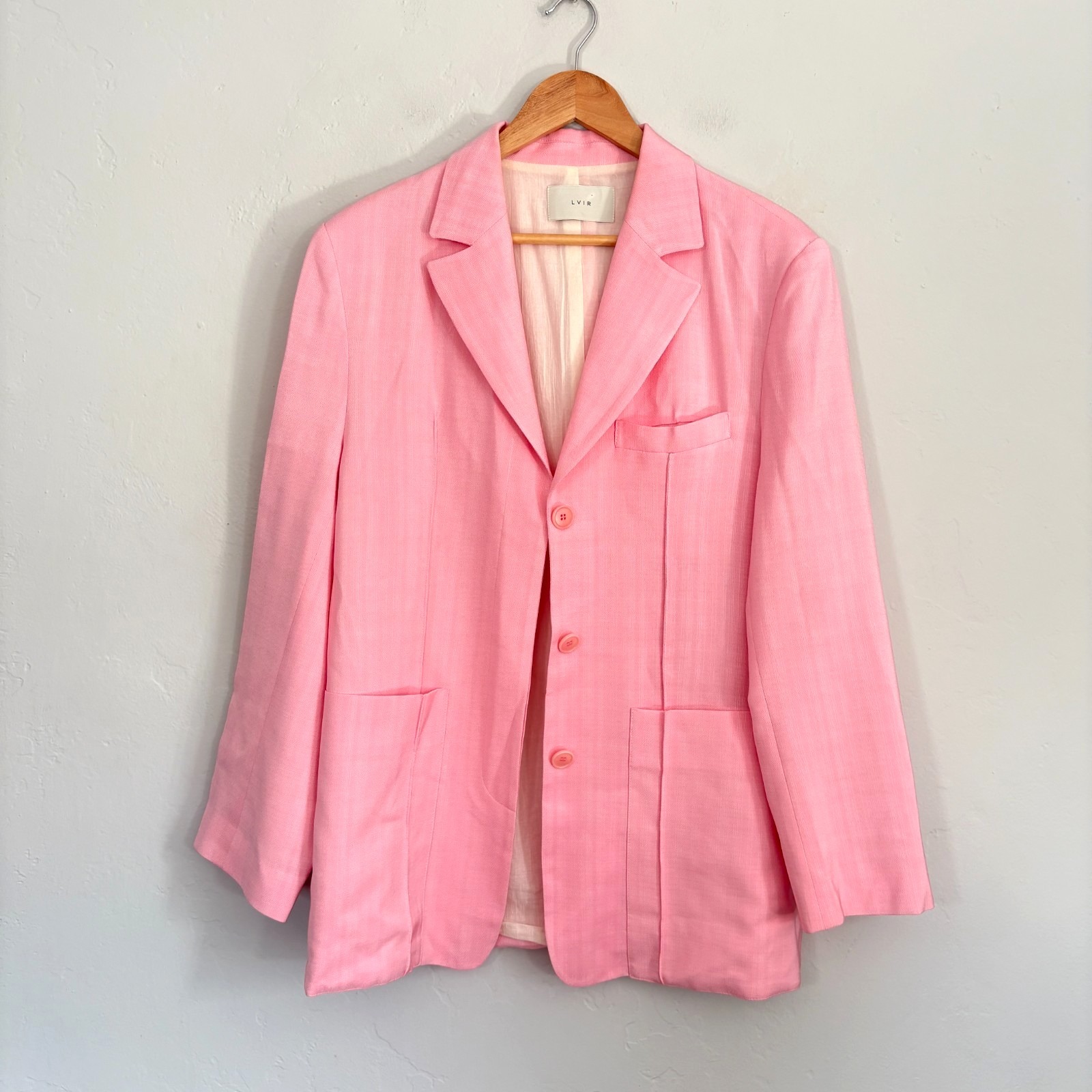 Lvir Long Blazer Women Small Bubble Gum Pink 3 Button Front Pockets Cotton Flaw